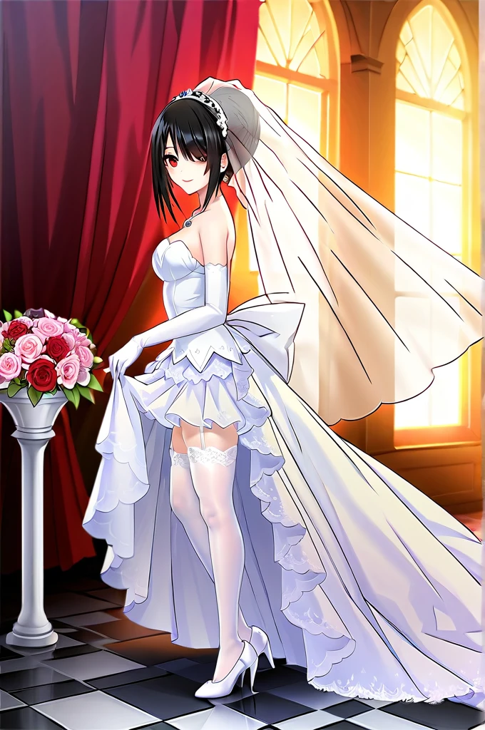 tokisaki kurumi,((masterpiece)),(((best quality))),((ultra-detailed)),((illustration)),((disheveled hair)),((frills)),(1 girl),(solo),1girl, bare shoulders, black hair, bow, bridal veil, bride, checkered, checkered floor, clothes pull, clothing, cross, dress, dress lift, dress pull, earrings, elbow gloves, female, female only, full body, garter straps, glass slipper, gloves, hair bun, hair over one eye, hand on window, headdress, head turned, high heels, jewelry, lace, lace trim, lace-trimmed legwear, lace-trimmed thighhighs, legs, lingerie, long legs, looking at viewer, necklace, open dress, open wedding dress, parted lips, red eyes, shoes, short hair, short hair with long locks, side view, smile, strapless dress, sunbeam, sunburst, sunlight, thighhighs, tied hair, veil, wedding dress, white bow, white legwear, white thighhighs, window, full body, Rating:safe, profile, from side, Show your thighs,