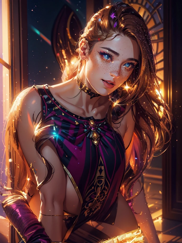 full body portrait of a beautiful woman, squatting spread legs, ((perfect feminine face)), (+long colorful wavy hair), (glitter freckles), glitter, wearing a dress, intricate, 8k, highly detailed, volumetric lighting, digital painting, intense, sharp, focu...