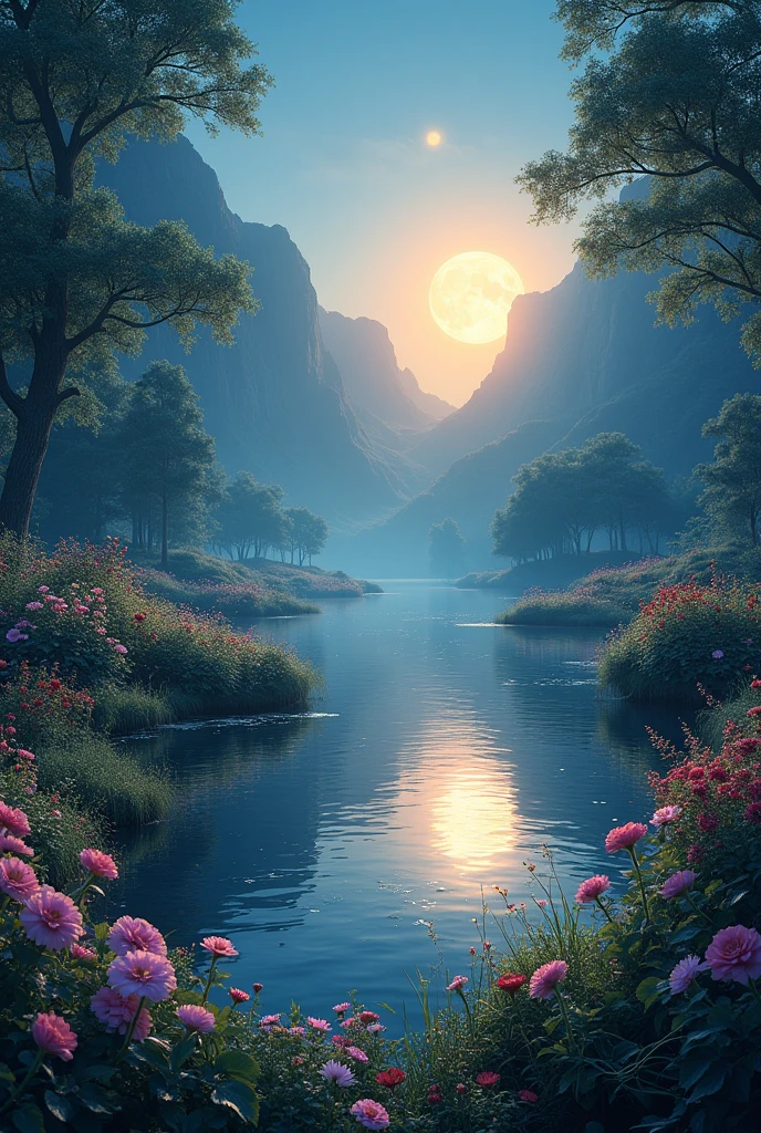 high quality, 8K Ultra HD, A beautiful nature in which are written papersdekhlo in a moonlight. In flowers , lake, sunset
