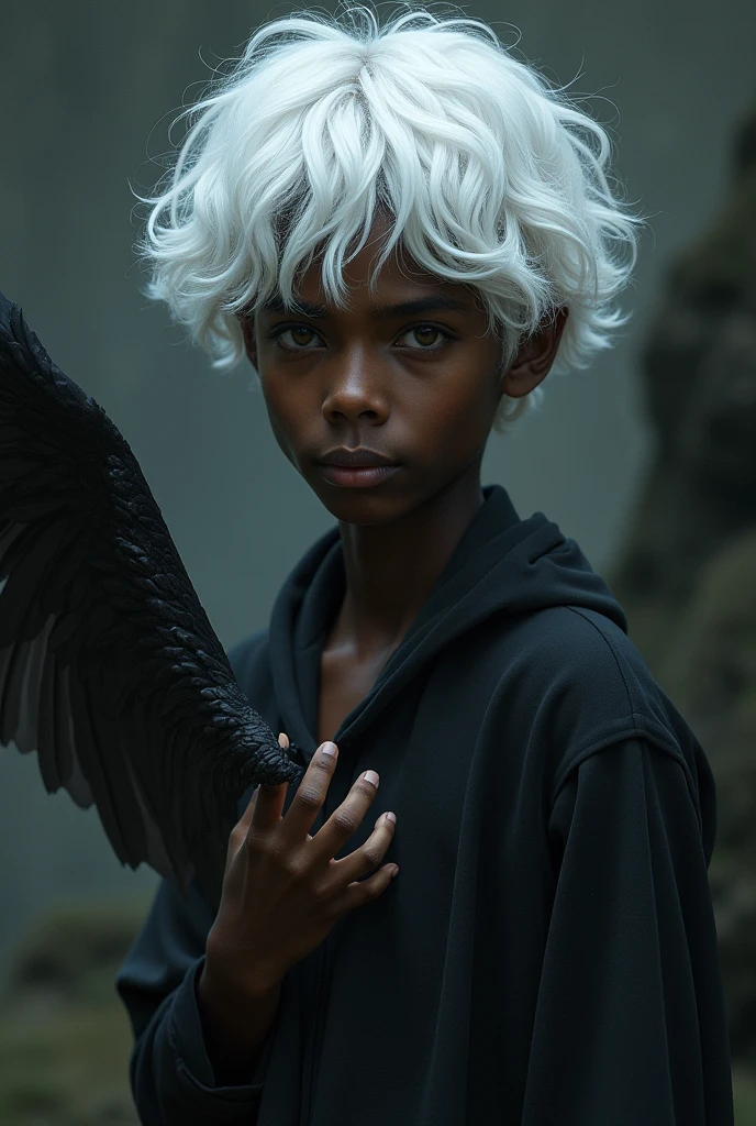 (A young son.dark skin, white hair, black wings on his right hand