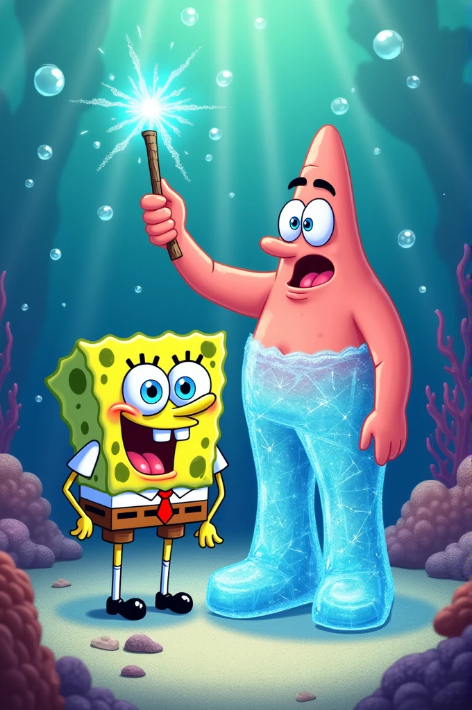 Spongebob curses Patrick into wearing ice pants with his magic wand 