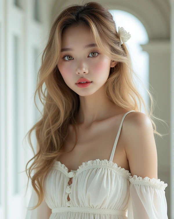 1 Girl,full body shot (1.3),close shot (1.3), face close-up, corridor,Soft Light, Korean Beauty,dress,Light-haired,long hair,
white background, gorgeous Korean-Russian girl, doll face, with thick and long wavy brown with golden blonde undertones hair, big and large slender dolly hazel-blue bright eyes, long and thick curly dark brown eyelashes, button upturned nose, high nose bridge, fullest and plumpest with a pout at the top rosy red luscious lips, oval face shape, shorter face, shorter chin, v-shaped jawline, pointy chin, tiny face size, pale milky white traslucent perfect skin, whitening skin, hourglass shaped body, tiny and narrow waist, rounded hips, long and slender beautiful legs, big perfect brests (1.4), large breasts, bust size 84 cm, waist 57 cm, hips 86 cm, bra size 34 D, tall at 5’7, full body image, realistic, photorealistic, ultradetailed, skin texture, hyperealismHigh Resolution, Closed Mouth, highly detailed, high resolution 8K, wearing a cute white dress highliting her horglass body, ribbon on the hair