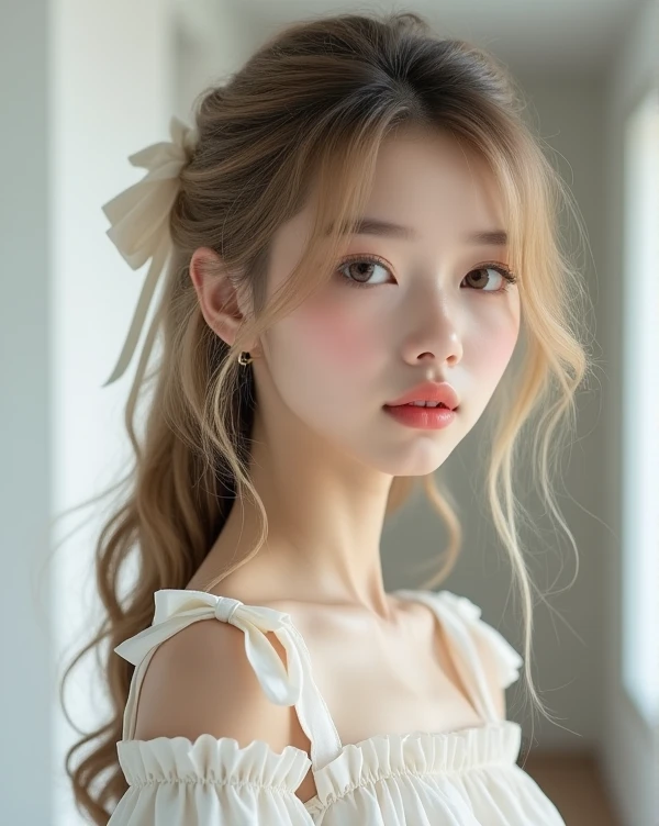 1 Girl,full body shot (1.3),close shot (1.3), face close-up, corridor,Soft Light, Korean Beauty,dress,Light-haired,long hair,
white background, gorgeous Korean-Russian girl, doll face, with thick and long wavy brown with golden blonde undertones hair, big and large slender dolly hazel-blue bright eyes, long and thick curly dark brown eyelashes, button upturned nose, high nose bridge, fullest and plumpest with a pout at the top rosy red luscious lips, oval face shape, shorter face, shorter chin, v-shaped jawline, pointy chin, tiny face size, pale milky white traslucent perfect skin, whitening skin, hourglass shaped body, tiny and narrow waist, rounded hips, long and slender beautiful legs, big perfect brests (1.4), large breasts, bust size 84 cm, waist 57 cm, hips 86 cm, bra size 34 D, tall at 5’7, full body image, realistic, photorealistic, ultradetailed, skin texture, hyperealismHigh Resolution, Closed Mouth, highly detailed, high resolution 8K, wearing a cute white dress highliting her horglass body, ribbon on the hair