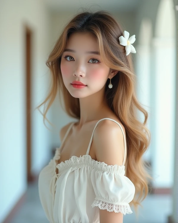 1 Girl,full body shot (1.3),close shot (1.3), face close-up, corridor,Soft Light, Korean Beauty,dress,Light-haired,long hair,
 white background, gorgeous Korean-Russian girl, doll face, with thick and long wavy brown with golden blonde undertones hair, big and large slender dolly hazel-blue bright eyes, long and thick curly dark brown eyelashes, button upturned nose, high nose bridge, fullest and plumpest with a pout at the top rosy red luscious lips, oval face shape, shorter face, shorter chin, v-shaped jawline, pointy chin, tiny face size, pale milky white traslucent perfect skin, whitening skin, hourglass shaped body, tiny and narrow waist, rounded hips, long and slender beautiful legs, big perfect brests (1.4), large breasts, bust size 84 cm, waist 57 cm, hips 86 cm, bra size 34 D, tall at 5’7, full body image, realistic, photorealistic, ultradetailed, skin texture, hyperealismHigh Resolution, Closed Mouth, highly detailed, high resolution 8K, wearing a cute white dress highliting her horglass body, ribbon on the hair