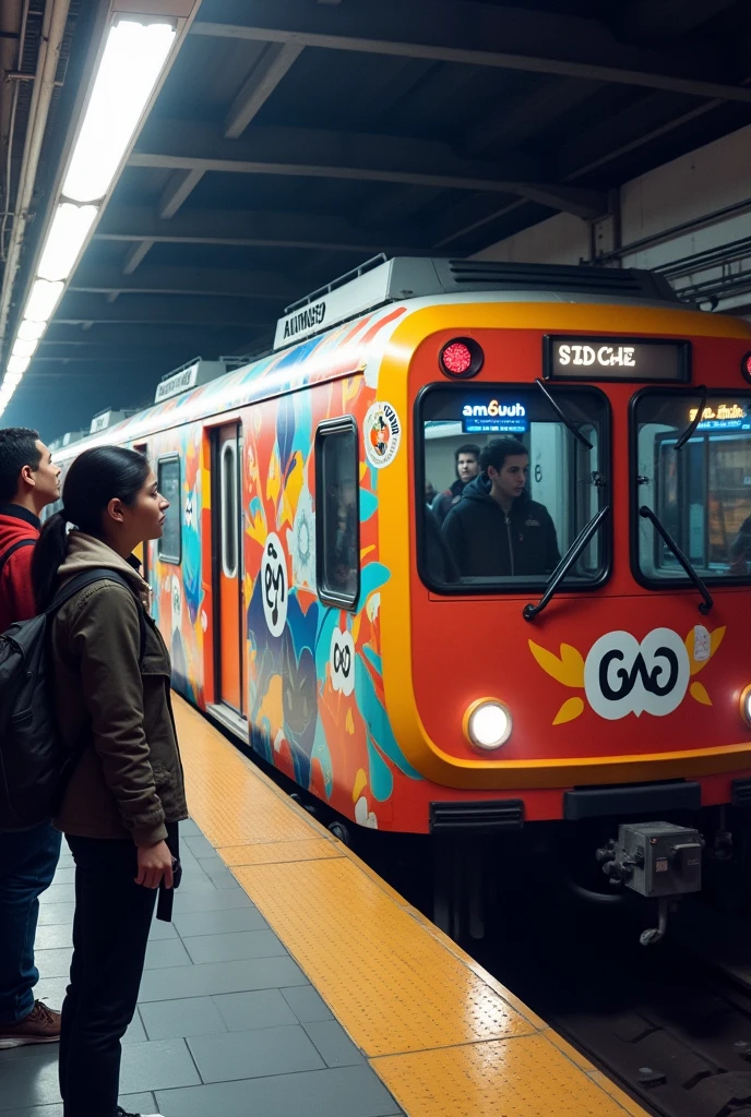 The brand am6uth is painted creatively on a metro train and the passengers on platform looking it with curiosity