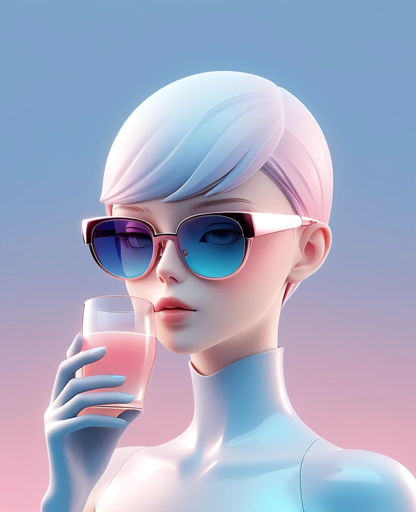 3D illustration of the upper body and face of an AI model wearing futuristic glasses, Stylish glasses with a drink attached,gradient background, pastel color palette, Pink blue, Simple, Cold metallic texture, surrealism,