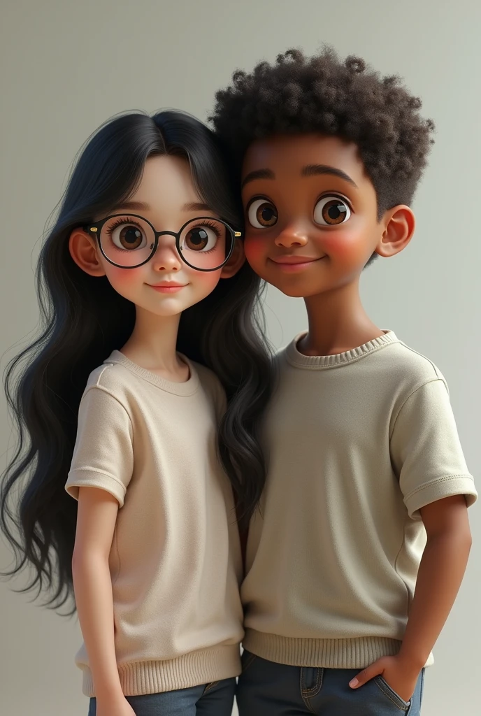 Photorealism Short white girl with long black hair wearing glasses with a tall chubby dark-skinned boy with brown eyes 