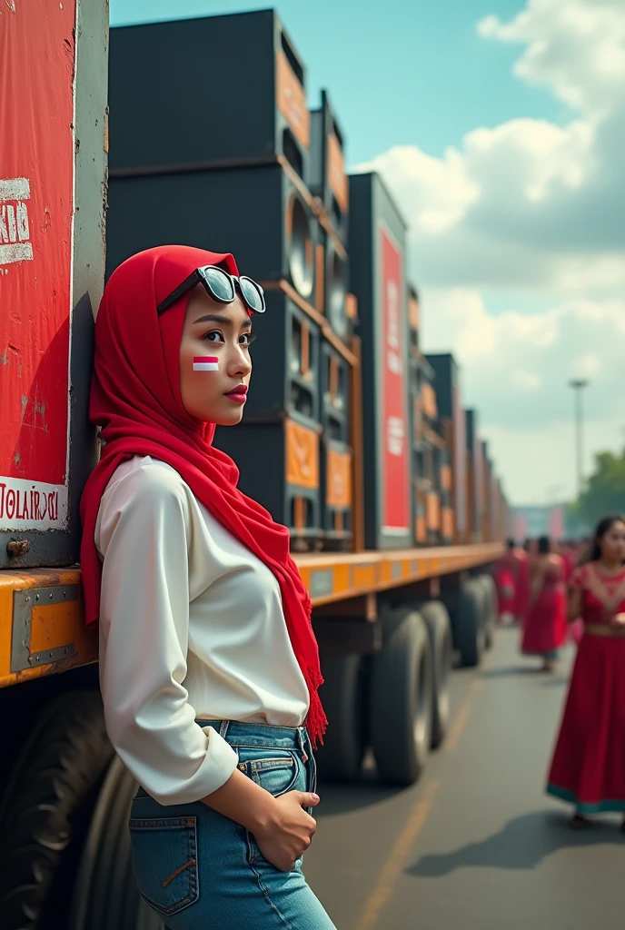 (photorealism), (masterpiece) (Indonesian selebration independens day)
a beautiful Indonesian woman, wearing a long sleeves white t-shirt that reaches below her buttocks and long sleeves blouse, tight jeans, a red hijab, black suglasses on her head, pink lipstick and Indonesian flag on chick, leaning casually against a truck carrying a stack of audio systems about 3 meters high. The truck has been decorated with colorful cloth and beautifully shaped with the backdrop of the August parade, on the side of the truck there is an art poster that says "BREWOG AUDIO" large and can be read very clearly, the sky is blue, sunlight, outdor, relaxed pose, realistic, intricate details, warm colors, clowdy sky, Focus, Focus, realistic, 5D 8K