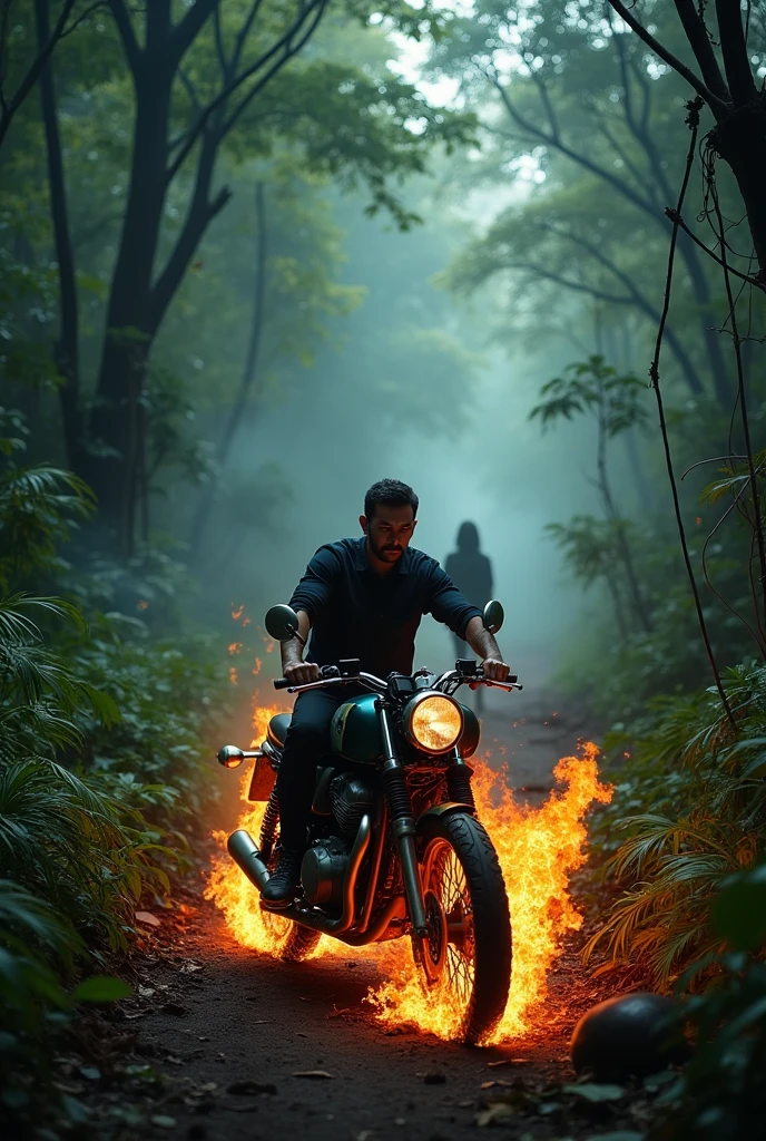 A man seating on the burning motorbike alone in jungle behind a woman