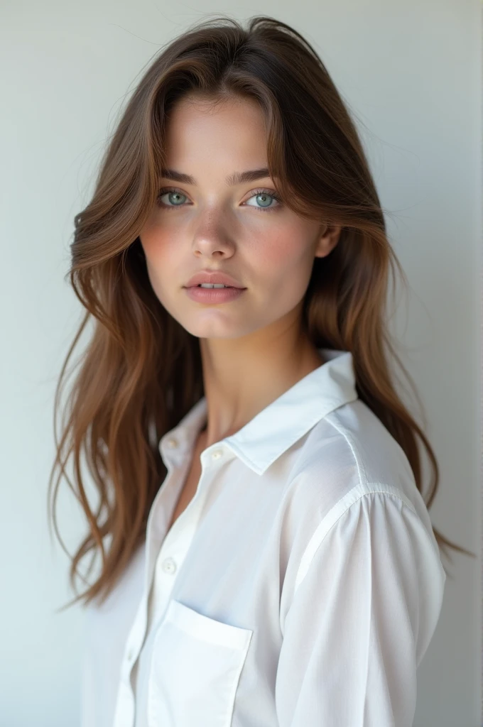 a white woman with brown hair and blue eyes using a white bottom shirt