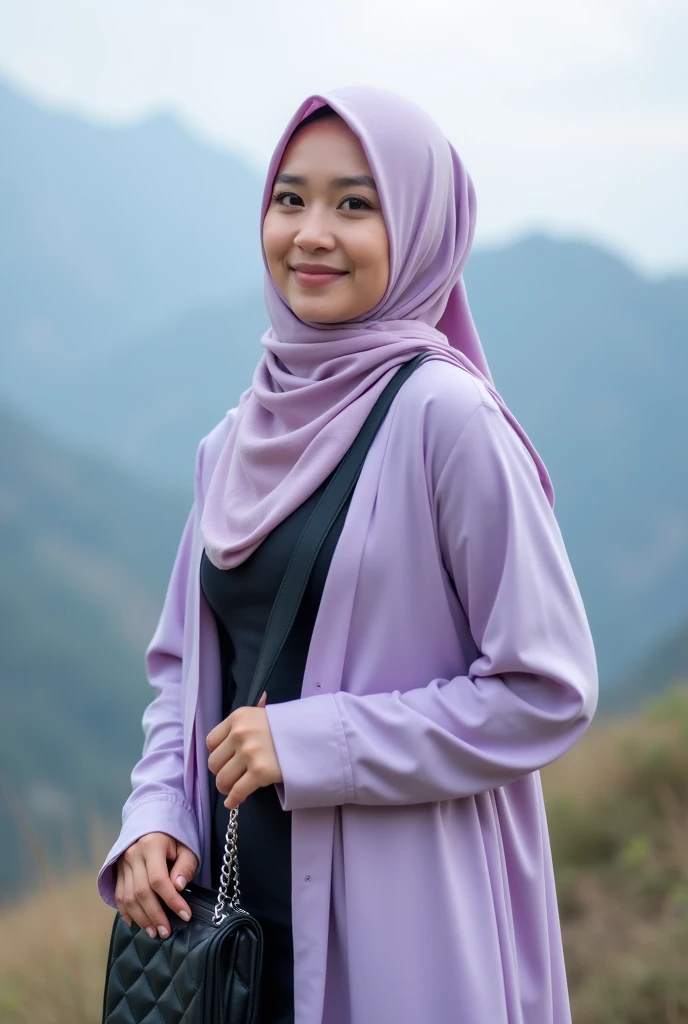 Please make me a photo of a young woman wearing a matching light purple hijab and light purple robe over a black top and pants, wearing black Vans shoes ((full body)). He was holding a black-plated handbag with a silver chain strap. She smiled softly and looked at the camera. The background is blurry and out of focus, with mountains in the distance. The picture is soft and dreamy,