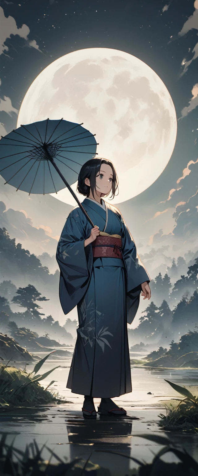 Dynamic Japanese Sumi-e, Great art, Amazing depth, Ground level shot, The most beautiful grassland in the world, Bamboo leaves shining in rainwater, moon\(pale\) In light cloudy weather,alone, Beautiful One\(Aristocrats of Ancient Japan, Beautiful kimono, Beautiful long black hair\) looking up at the moon holding an umbrella, starry skies, Bamboo leaves are arranged three-dimensionally in the foreground., square,Blue color,whole body