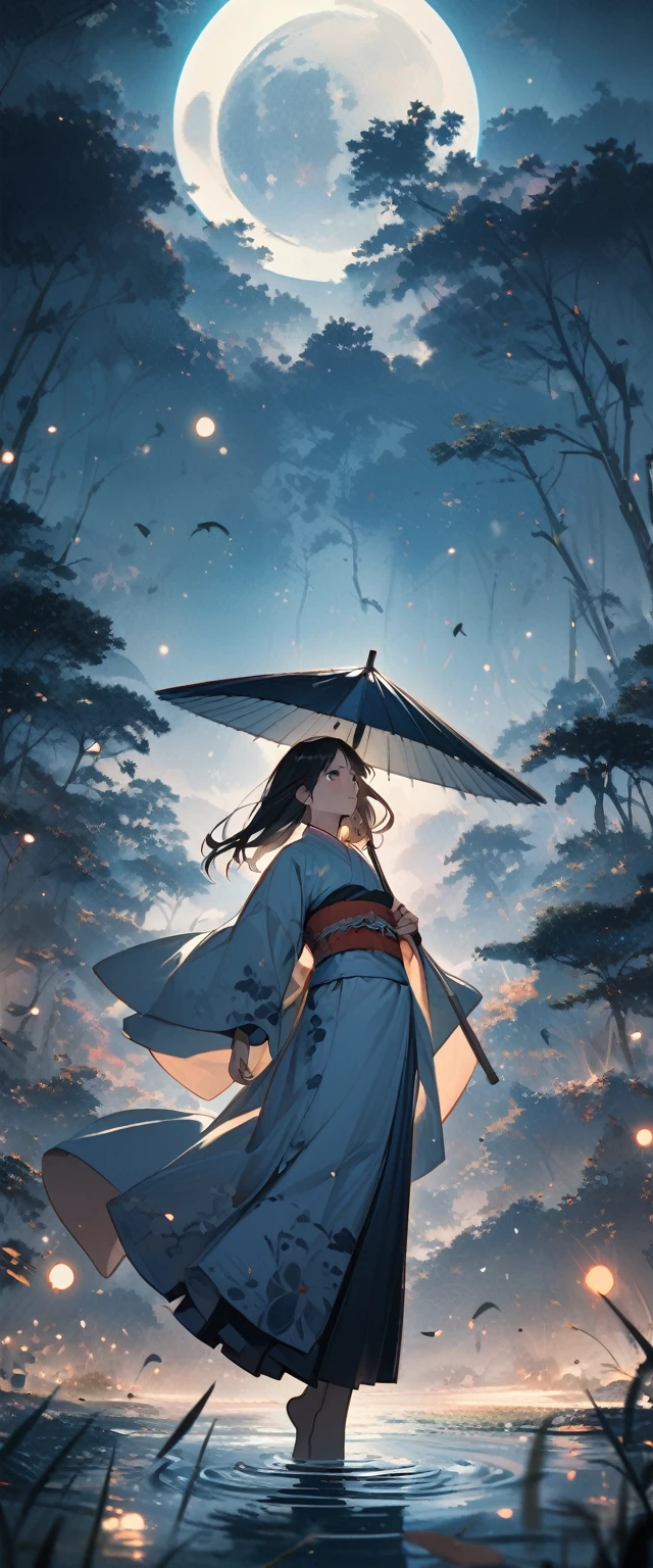 Dynamic Japanese Sumi-e, Great art, Amazing depth, Ground level shot, The most beautiful grassland in the world, Bamboo leaves shining in rainwater, moon\(pale\) In light cloudy weather,alone, Beautiful One\(Aristocrats of Ancient Japan, Beautiful kimono, Beautiful long black hair\) looking up at the moon holding an umbrella, starry skies, Bamboo leaves are arranged three-dimensionally in the foreground., square,Blue color,whole body