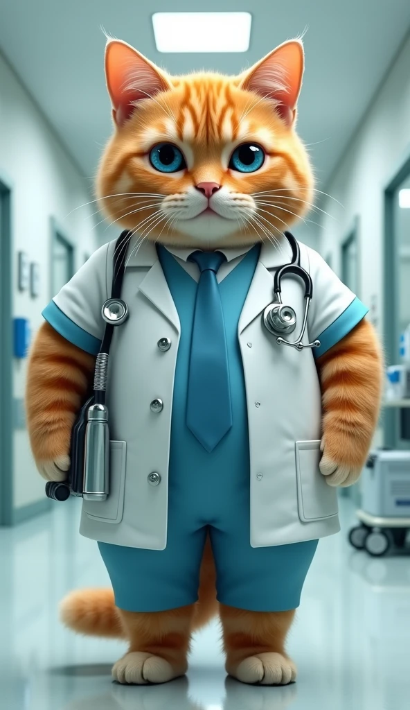 Make a picture of a fat orange cat with blue eyes, flat nose, facing the camera, wear a doctor&#39;s uniform, shoes and tie, carrying medical equipment with a hospital background, Wide, full body, 8k super realistic
