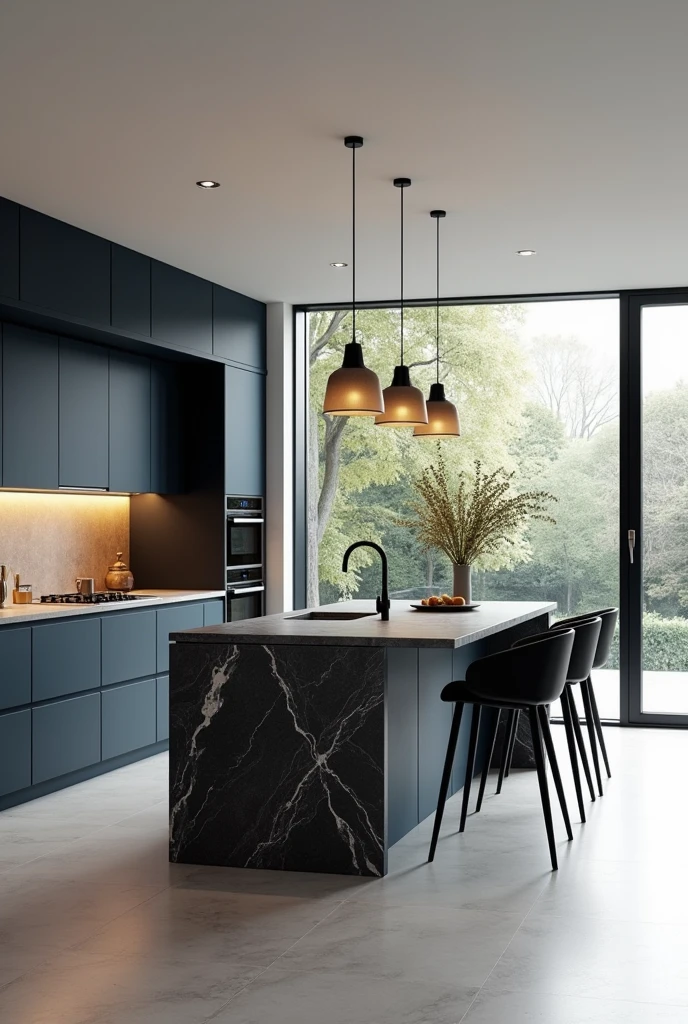 Professional 3d architecture rendering design of modern and minimal kitchen with  so dark vintage blue  and dark beige cabinets and modern windows and  so dark gray marble slab stone island and  black modern chairs 