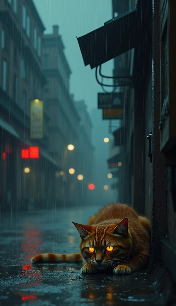 Scene 12: The Final Rain
Location: The Streets, Night
It starts to rain heavily again. The orange cat, now alone, wanders the wet streets, its fur soaked and clinging to its thin body. It looks for shelter but finds none, eventually collapsing under a small overhang.