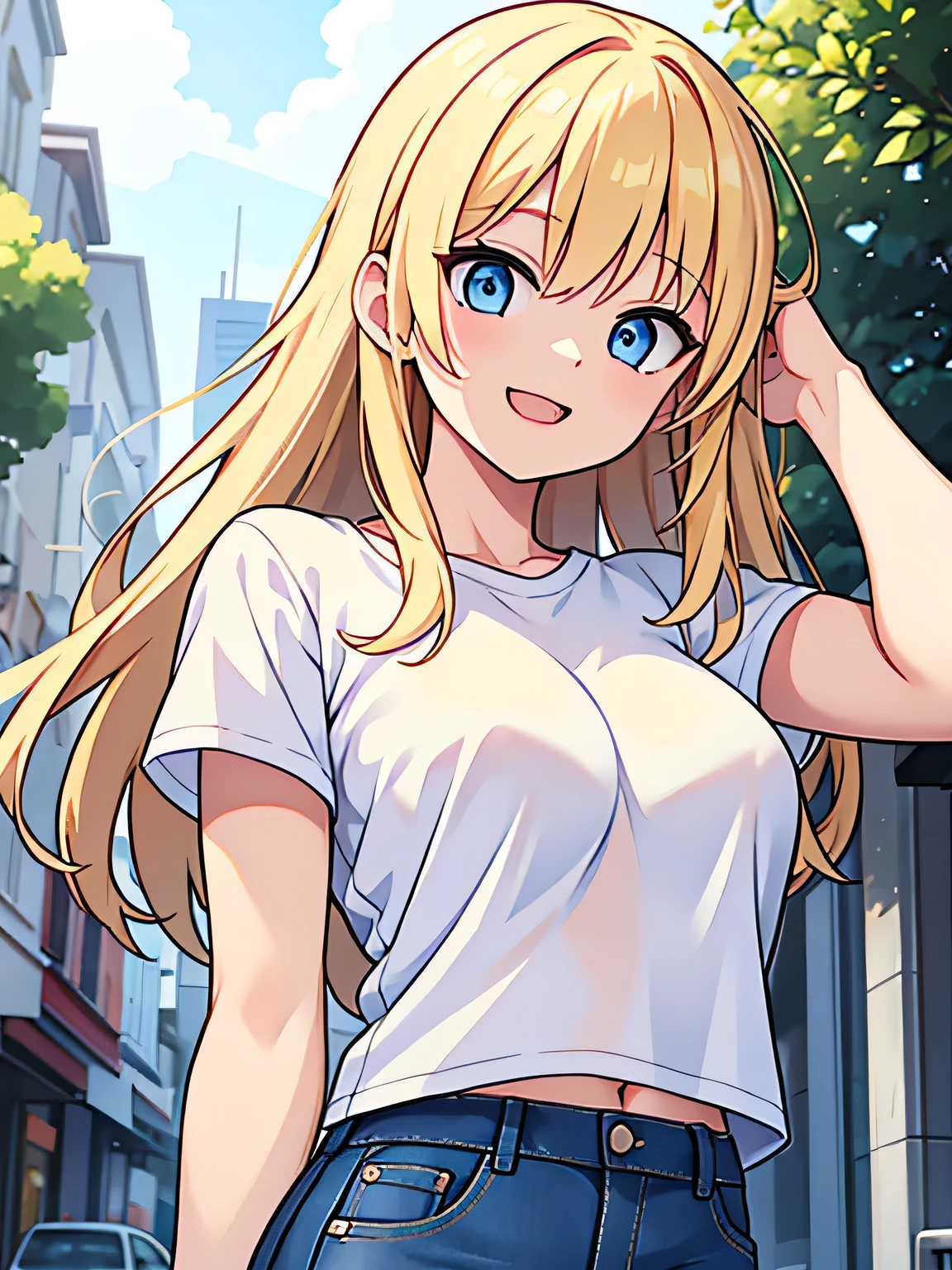 Blonde、Blue Eyes、woman、White T-shirt、G Cup、Upper Body、laughing、Jeans