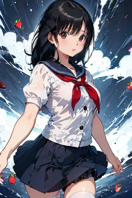 ((Highest quality)), ((masterpiece)), (detailed),Perfect Anatomy，A very cute, baby-faced, black-haired woman,((Highest quality, 8k, masterpiece: 1.3, )),A woman with very small breasts,Well-proportioned, slim body，Long, slender legs，Long, thin hands， detailedな顔, detailedな肌, fine grain, detailedな唇, detailedな舌, detailedな指, Mouth detailed, Beautiful teeth alignment,Realistic,  High resolution, Natural light, Dynamic pose,Toned Legs, double eyelid, Tear bags, Round eyes, Moisturized lips,          In the school classroom,Black leather collar,For white sailor suit,Wearing a very short navy blue miniskirt,Strawberry patterned panties on a white background,red ribbon for sailor suit,Panties are visible,