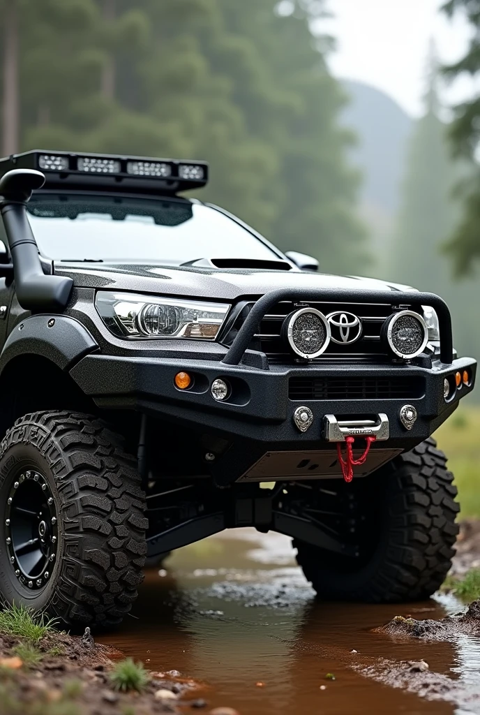 Toyota Hilux modified with fog lamps snorkel bumper guard and big size tyres