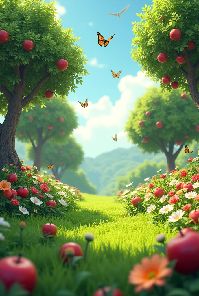 A 3d jungle beautiful apple trees grassy land flowers butterfly on plants birds in sky