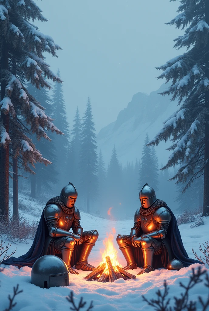 Create 2 knights sitting in the snow at a campfire with a helmet