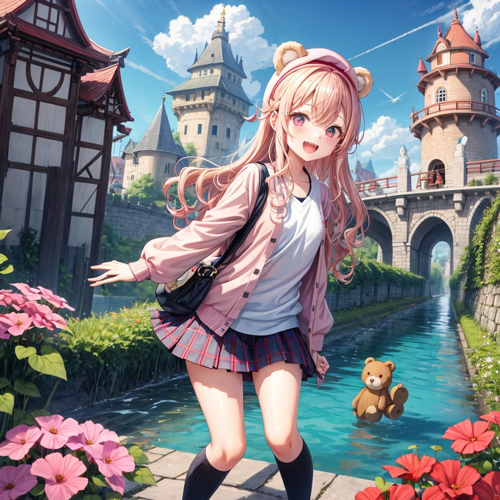 Pink Blonde、Red eyes、Wavy Hair、Hair tied up、Two cute、Checked mini skirt、black t-shirts、cardigan、Knee-high socks、bear ears baseball cap、Teeth are visible、Monster Castle、Tilting face、crossing the bridge、hazakura、windmill、grass、Stones are growing out of the ground.、Lightning coming out of the teddy bear、Morning glory is blooming.、In front of the city gates、clock、Underground tunnels、Waterway、Small boat