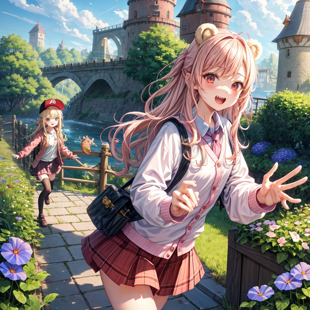 Pink Blonde、Red eyes、Wavy Hair、Hair tied up、Two cute、Checked mini skirt、black t-shirts、cardigan、Knee-high socks、bear ears baseball cap、Teeth are visible、Monster Castle、Tilting face、crossing the bridge、hazakura、windmill、grass、Stones are growing out of the ground.、Lightning coming out of the teddy bear、Morning glory is blooming.、In front of the city gates、clock、Underground tunnels、Waterway、Small boat