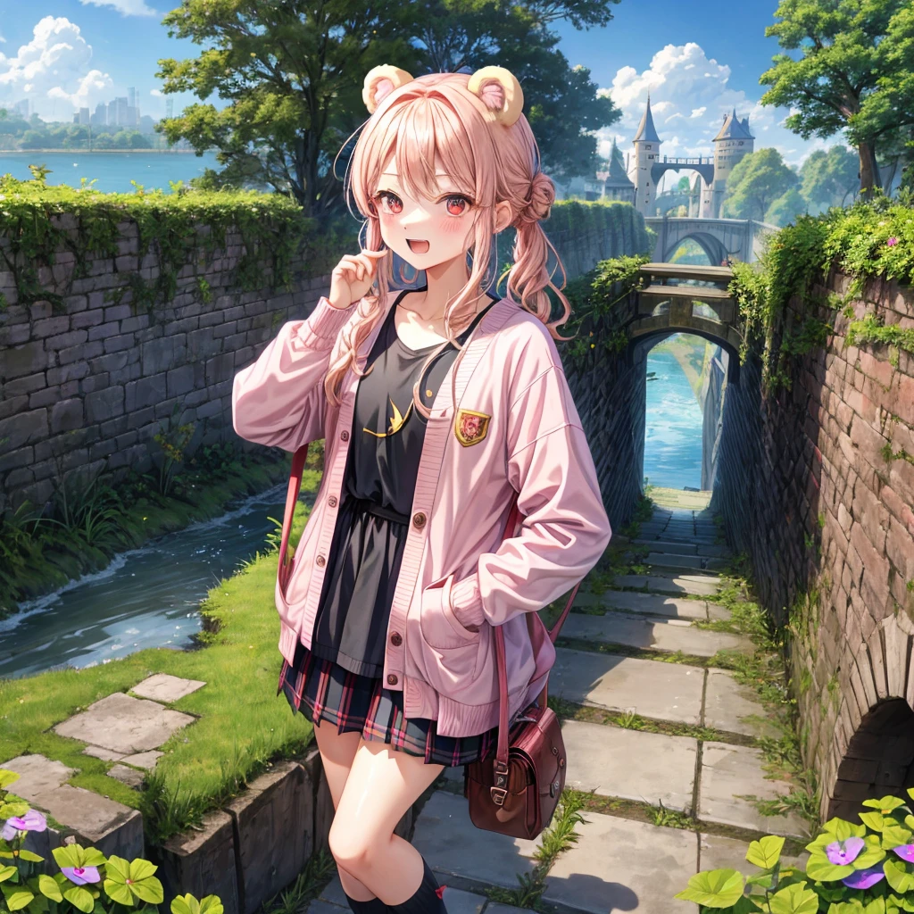 Pink Blonde、Red eyes、Wavy Hair、Hair tied up、Two cute、Checked mini skirt、black t-shirts、cardigan、Knee-high socks、bear ears baseball cap、Teeth are visible、Monster Castle、Tilting face、crossing the bridge、hazakura、windmill、grass、Stones are growing out of the ground.、Lightning coming out of the teddy bear、Morning glory is blooming.、In front of the city gates、clock、Underground tunnels、Waterway、Small boat