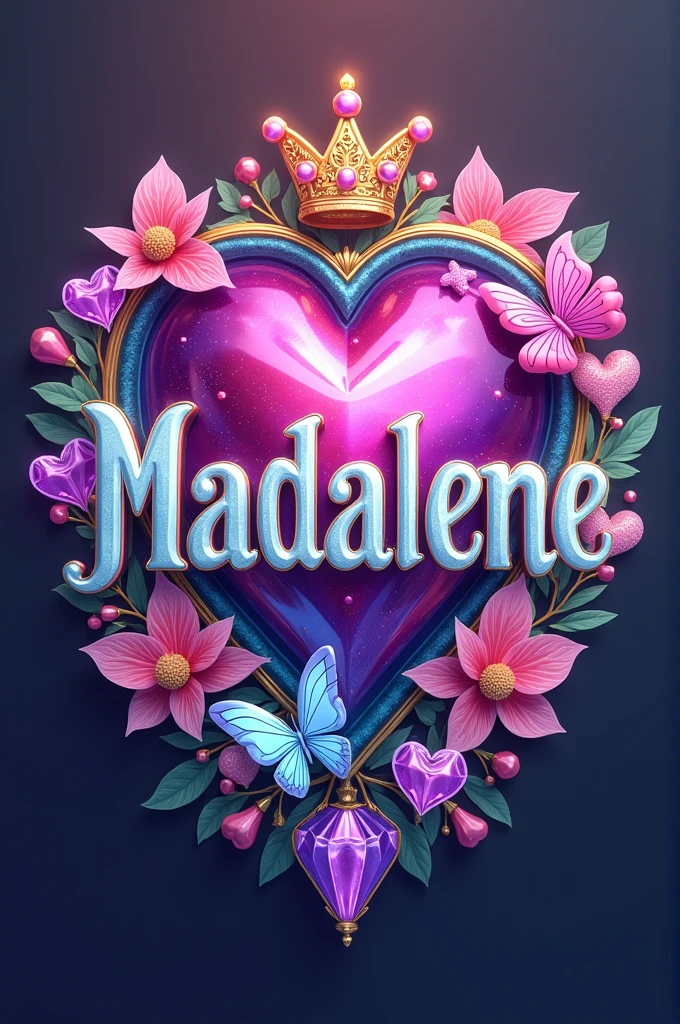 This image appears to be a colorful, vibrant, and visually striking graphic design featuring the title "Madalene". The text is rendered in a bold, glossy, and iridescent style, with various shimmering and metallic effects. The design incorporates several whimsical and decorative elements, including a heart-shaped crown, a diamond-like gemstone, a butterfly, and additional heart shapes. The overall aesthetic is very feminine, playful, and ornamental, with a palette that includes shades of pink, purple, blue, and green. The image has a dreamlike, fantastical quality that evokes a sense of beauty, imagination, and enchantment.