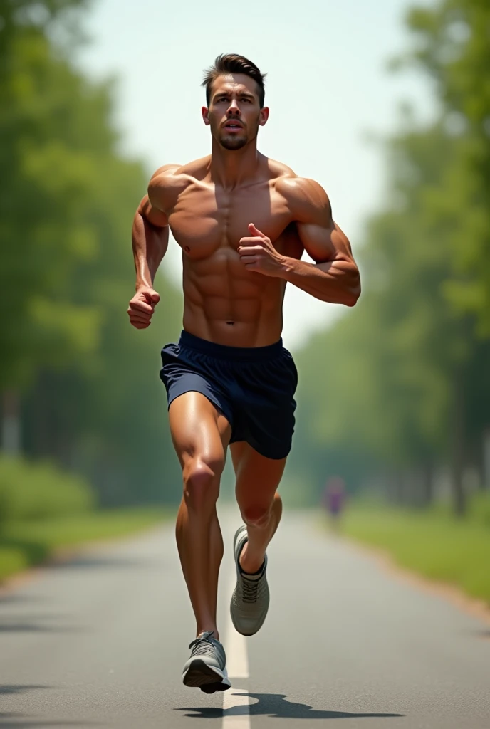 Realistic photography full body portrait of a muscular man running towards him for morning jog,Rendering texture is clear,Bright colors。
