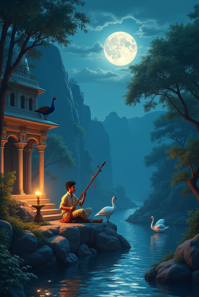 Night background with moon
Hindustani hall
Inside hall a young men with vennai instrument
Besides him kuthu vilakku
Around the hall river with swans and peacock on the rock with proud or in the top of hall
Trees