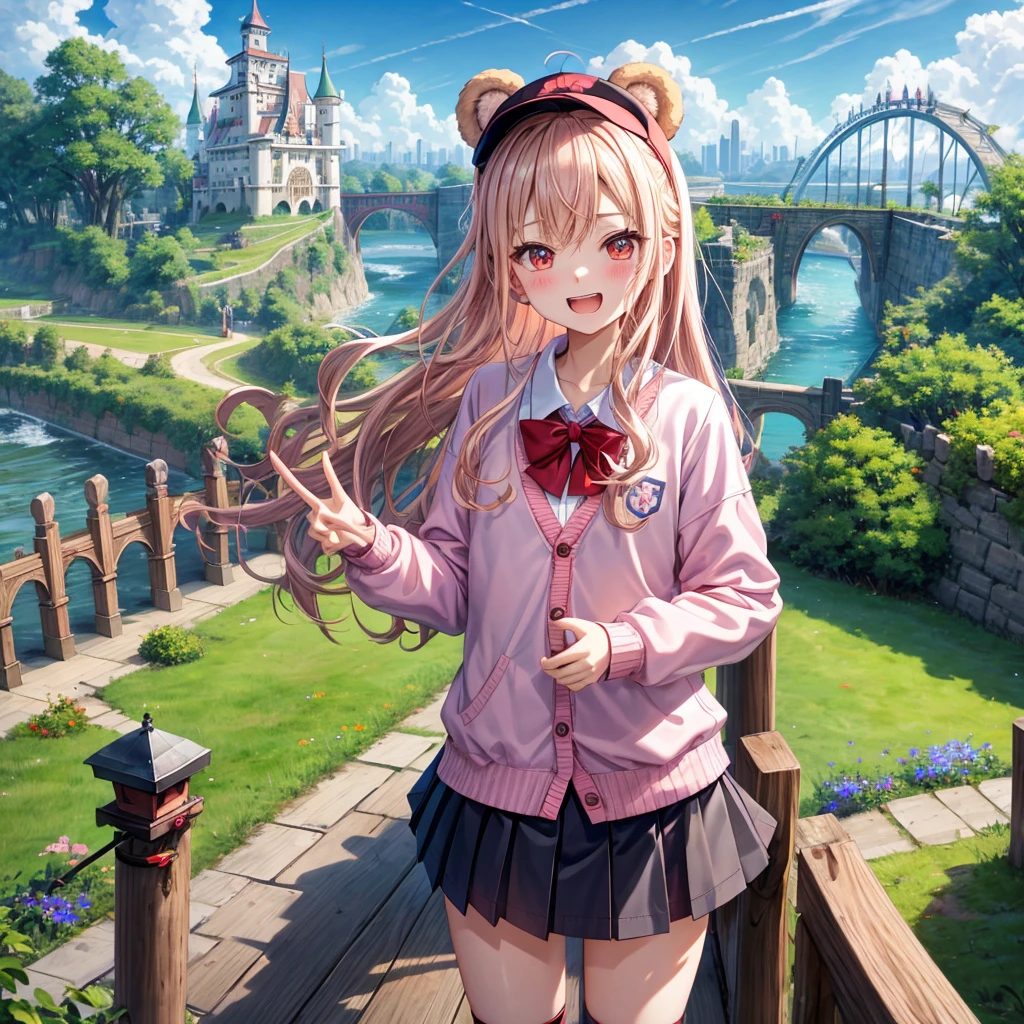 Pink Blonde、Red eyes、Wavy Hair、Hair tied up、Two cute、Checked mini skirt、black t-shirts、cardigan、Knee-high socks、bear ears baseball cap、Teeth are visible、Monster Castle、Tilting face、crossing the bridge、hazakura、windmill、grass、Stones are growing out of the ground.、Lightning coming out of the teddy bear、Morning glory is blooming.、In front of the city gates、clock、Underground tunnels、Waterway、Small boat