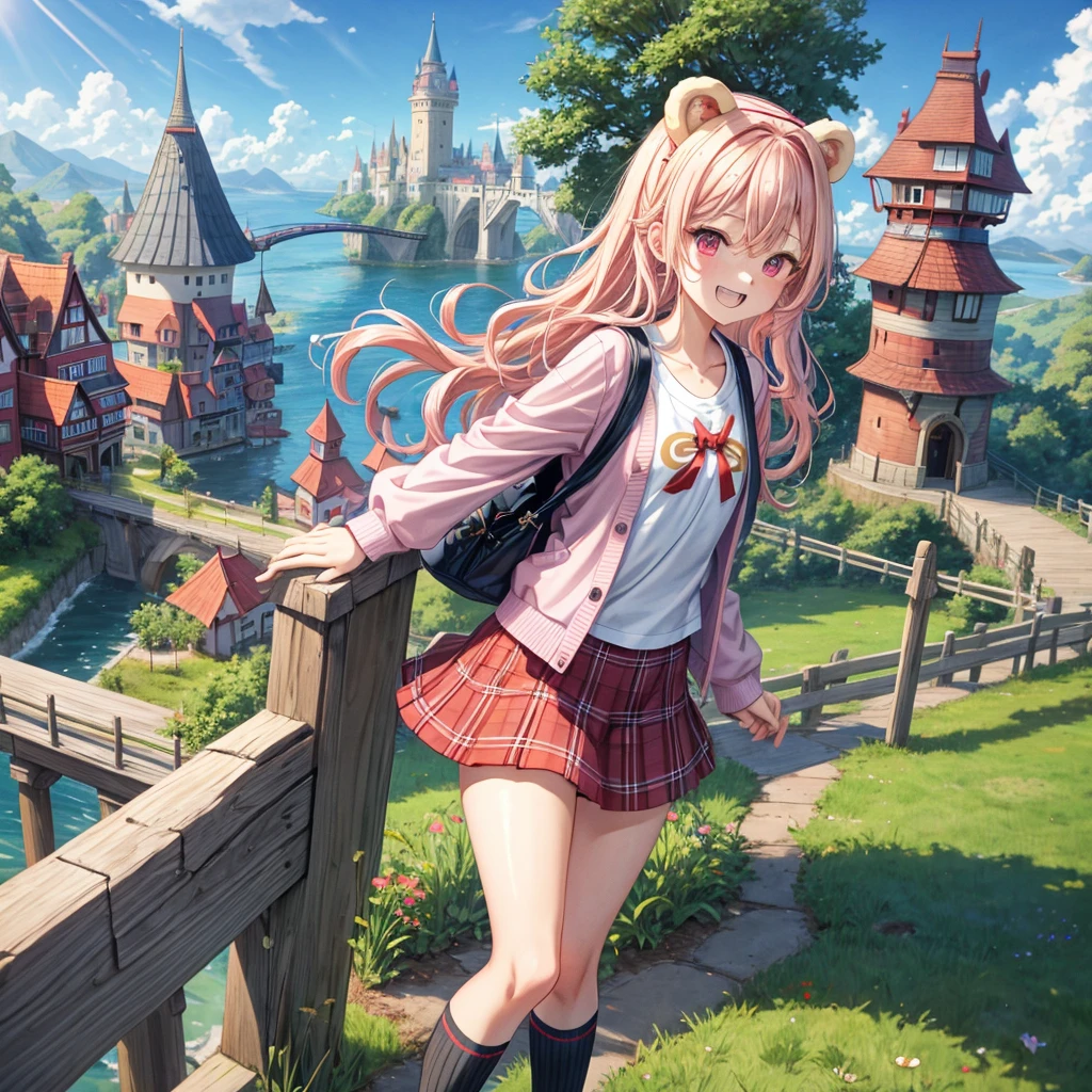 Pink Blonde、Red eyes、Wavy Hair、Hair tied up、Two cute、Checked mini skirt、black t-shirts、cardigan、Knee-high socks、bear ears baseball cap、Teeth are visible、Monster Castle、Tilting face、crossing the bridge、hazakura、windmill、grass、Stones are growing out of the ground.、Lightning coming out of the teddy bear、Morning glory is blooming.、In front of the city gates、clock、Underground tunnels、Waterway、Small boat