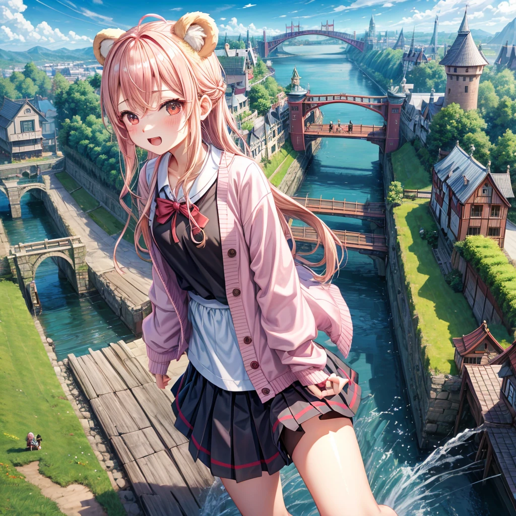 Pink Blonde、Red eyes、Wavy Hair、Hair tied up、Two cute、Checked mini skirt、black t-shirts、cardigan、Knee-high socks、bear ears baseball cap、Teeth are visible、Monster Castle、Tilting face、crossing the bridge、hazakura、windmill、grass、Stones are growing out of the ground.、Lightning coming out of the teddy bear、Morning glory is blooming.、In front of the city gates、clock、Underground tunnels、Waterway、Small boat