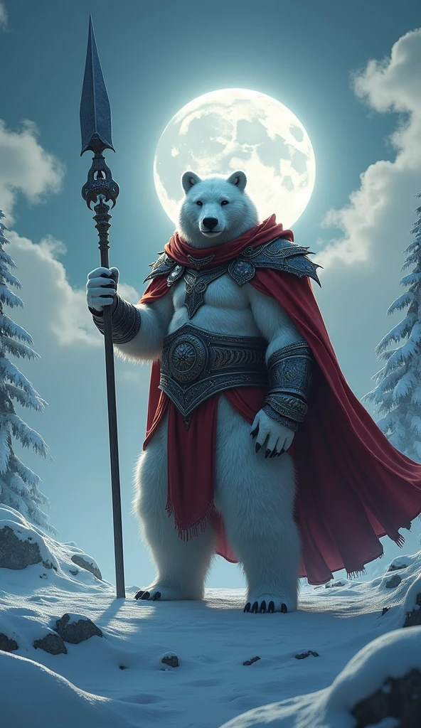 a picture of an an anthro white bear warrior, armed with an spear (intense details, Masterpiece, best quality: 1.5), wearing heavy armor (intense details, Masterpiece, best quality: 1.5), rich white fur, wearing red cloak, billowing red cloak, arctic background, heavy snow (intense details, Masterpiece, best quality: 1.5), it is night time, the full moon is high, there are some clouds, moon rays and stars,  high details, best quality, 8k, [ultra detailed], masterpiece, best quality, (extremely detailed), ultra wide shot, photorealistic, RAW, 3D rendering, fantasy art, dnd art, fantasy art, realistic art, octane rendering, an ultra wide angle