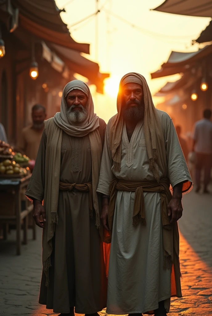 Two Muslim men,  sad and sad, standing in the market, early morning