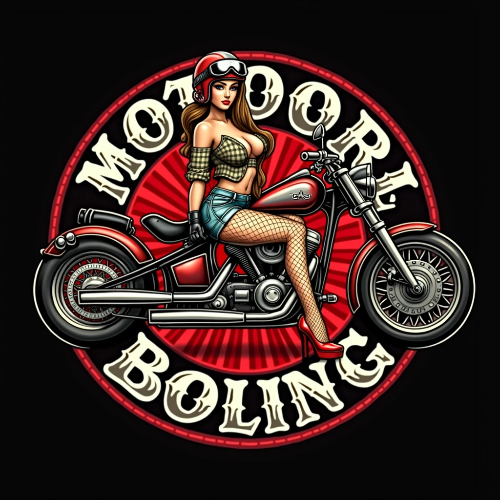 Pin-up girl in a motorcycle helmet on an old school motorcycle, in red shoes, in fishnet stockings, in a red, sleeveless, checked shirt with an open bust, in denim short shorts, red rose in hair. In the style of old school tattoo. Eldstudio89. 