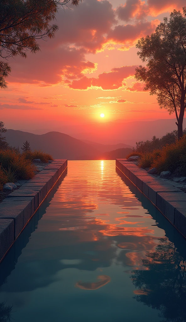 "Create an image of a water well in the center of the photo, with a reflective and clear surface. No fundo, show a vibrant sunset, with warm colors and gradients ranging from orange to red, creating a beautiful contrast with the well. The scene should convey a sense of tranquility and natural beauty.."
