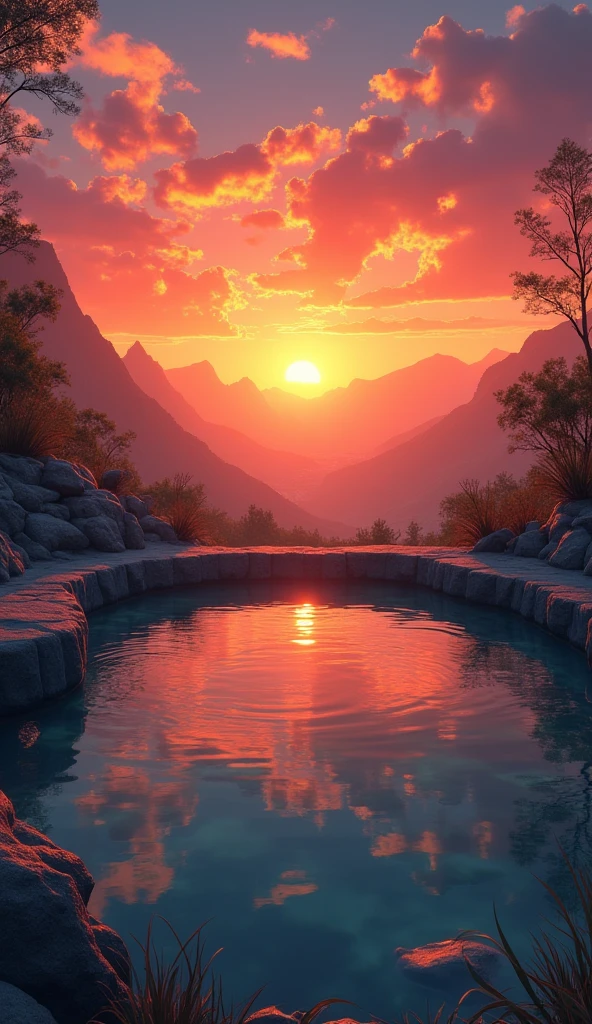 "Create an image of a water well in the center of the photo, with a reflective and clear surface. No fundo, show a vibrant sunset, with warm colors and gradients ranging from orange to red, creating a beautiful contrast with the well. The scene should convey a sense of tranquility and natural beauty.."
