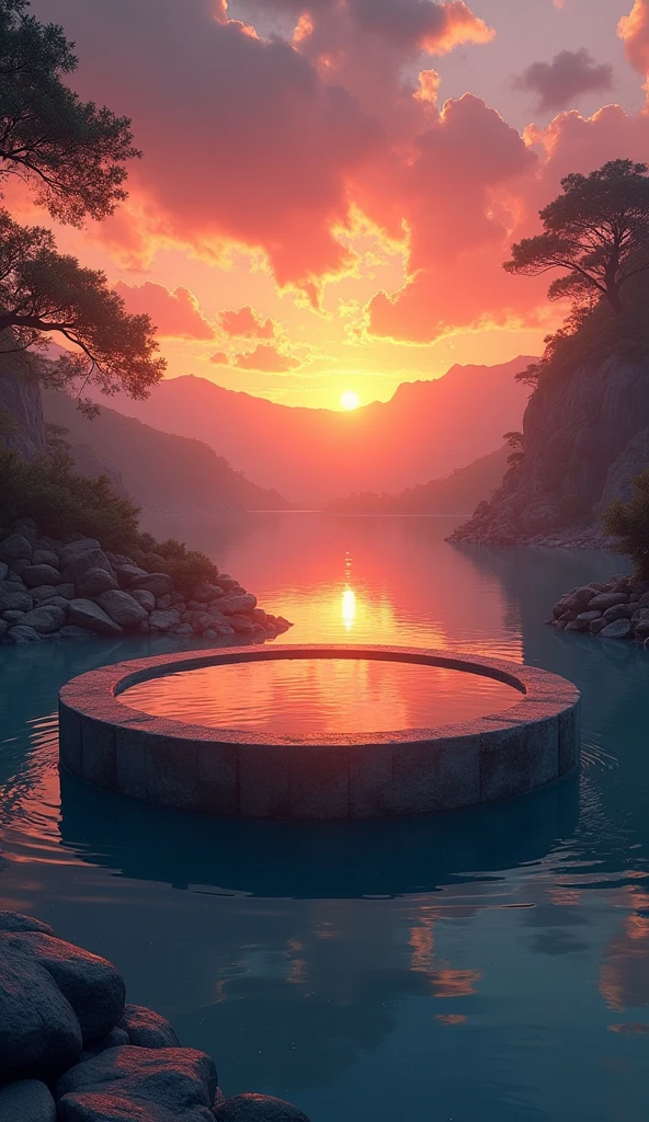 "Create an image of a water well in the center of the photo, with a reflective and clear surface. No fundo, show a vibrant sunset, with warm colors and gradients ranging from orange to red, creating a beautiful contrast with the well. The scene should convey a sense of tranquility and natural beauty.."
