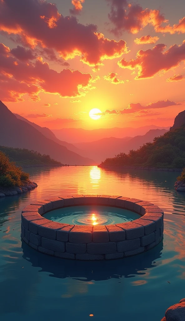 "Create an image of a water well in the center of the photo, with a reflective and clear surface. No fundo, show a vibrant sunset, with warm colors and gradients ranging from orange to red, creating a beautiful contrast with the well. The scene should convey a sense of tranquility and natural beauty.."