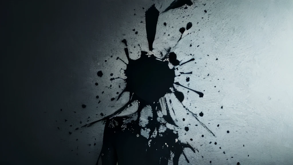  simple background, monochrome, horror (theme) there is a broken violin in the picture, black paint splatted