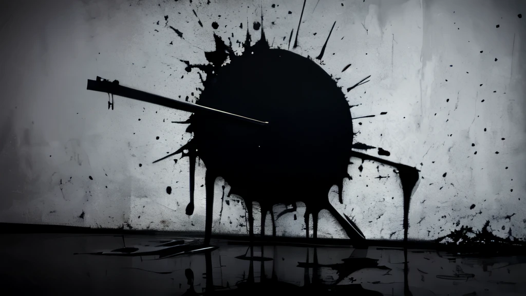  simple background, monochrome, horror (theme) there is a broken violin in the picture, black paint splatted