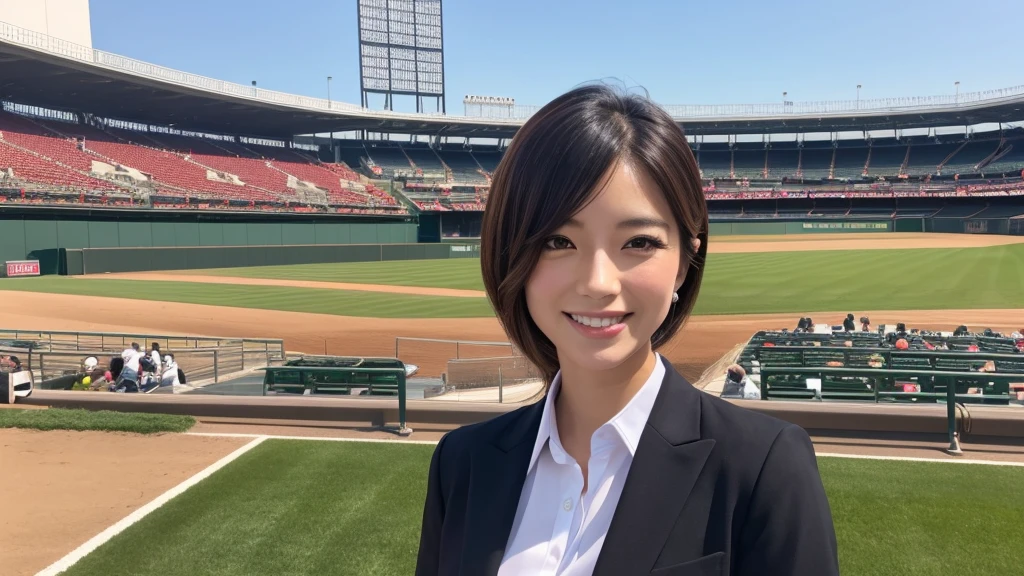 A female announcer is broadcasting live from Hanshin Koshien Stadium.。Permanent Hair。Sexy smile、front。In a suit