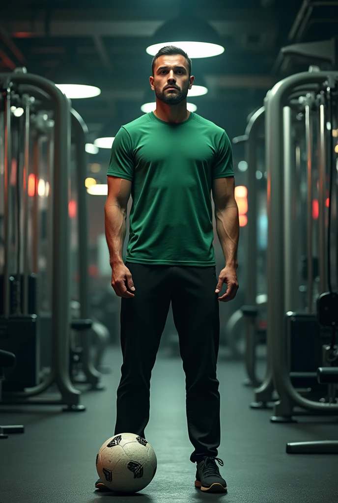a man wearing black pants and green shirt ,standing in front of fitness equipment inside a shop, looking ahead, holding a soccer ball, photorealistic, dynamic lighting, highly detailed, 8k, best quality