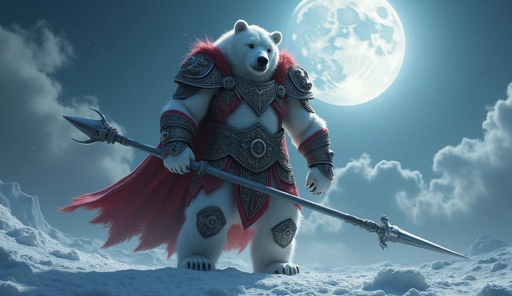 a picture of an an anthro white bear warrior, armed with an spear (intense details, Masterpiece, best quality: 1.5), wearing heavy armor (intense details, Masterpiece, best quality: 1.5), rich white fur, wearing red cloak, billowing red cloak, arctic background, heavy snow (intense details, Masterpiece, best quality: 1.5), it is night time, the full moon is high, there are some clouds, moon rays and stars,  high details, best quality, 8k, [ultra detailed], masterpiece, best quality, (extremely detailed), ultra wide shot, photorealistic, RAW, 3D rendering, fantasy art, dnd art, fantasy art, realistic art, octane rendering, an ultra wide angle