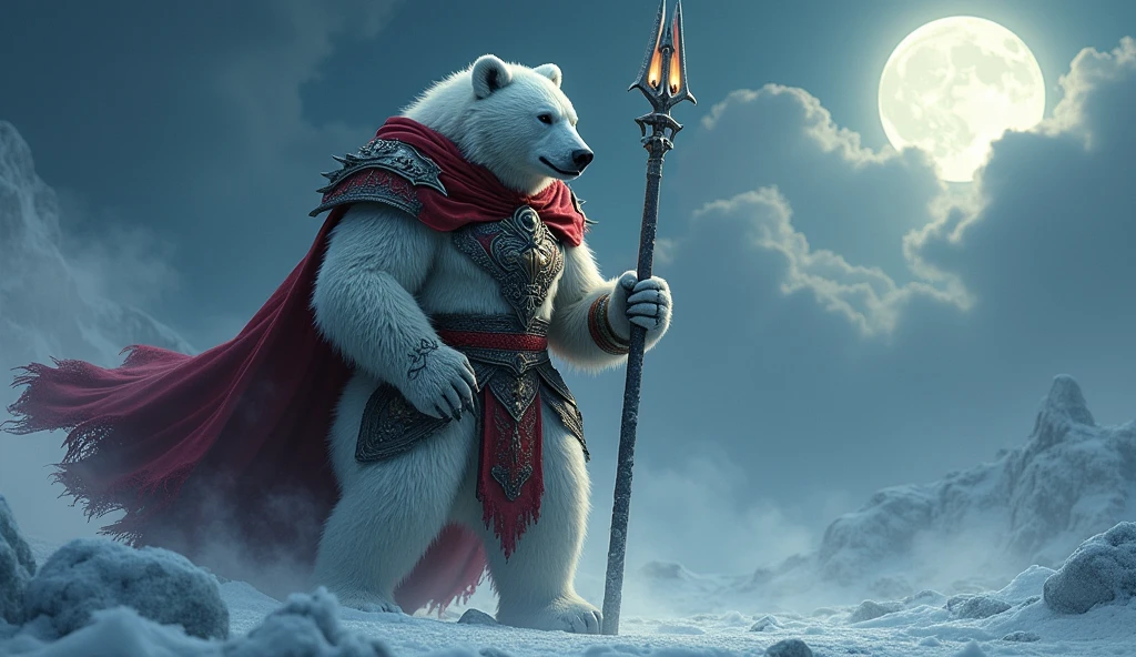 a picture of an an anthro white bear warrior, armed with an spear (intense details, Masterpiece, best quality: 1.5), wearing heavy armor (intense details, Masterpiece, best quality: 1.5), rich white fur, wearing red cloak, billowing red cloak, arctic background, heavy snow (intense details, Masterpiece, best quality: 1.5), it is night time, the full moon is high, there are some clouds, moon rays and stars,  high details, best quality, 8k, [ultra detailed], masterpiece, best quality, (extremely detailed), ultra wide shot, photorealistic, RAW, 3D rendering, fantasy art, dnd art, fantasy art, realistic art, octane rendering, an ultra wide angle