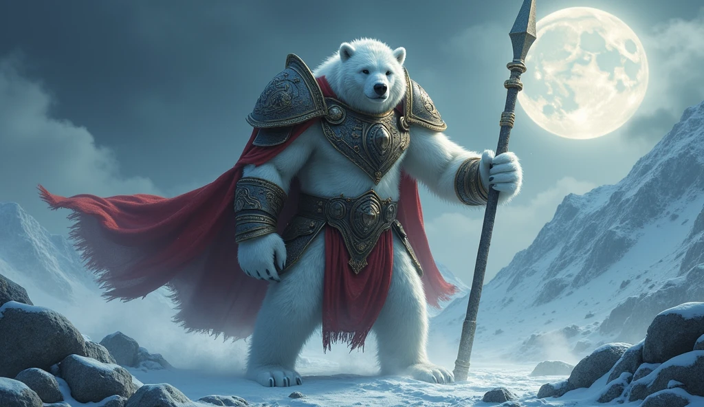 a picture of an an anthro white bear warrior, armed with an spear (intense details, Masterpiece, best quality: 1.5), wearing heavy armor (intense details, Masterpiece, best quality: 1.5), rich white fur, wearing red cloak, billowing red cloak, arctic background, heavy snow (intense details, Masterpiece, best quality: 1.5), it is night time, the full moon is high, there are some clouds, moon rays and stars,  high details, best quality, 8k, [ultra detailed], masterpiece, best quality, (extremely detailed), ultra wide shot, photorealistic, RAW, 3D rendering, fantasy art, dnd art, fantasy art, realistic art, octane rendering, an ultra wide angle