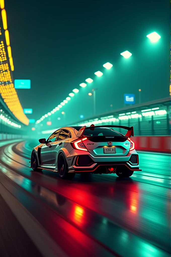 A Civic type rs on race track at the night with neon punk yellow and green light