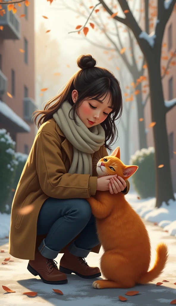 Scene 13: The Rescue
Location: The Same Street, Early Morning
A young woman on her way to work spots the orange cat shivering in the cold. She hesitates, then kneels down, gently wrapping the cat in her scarf. The orange cat looks up at her with tired eyes, and she carefully picks it up, cradling it in her arms.